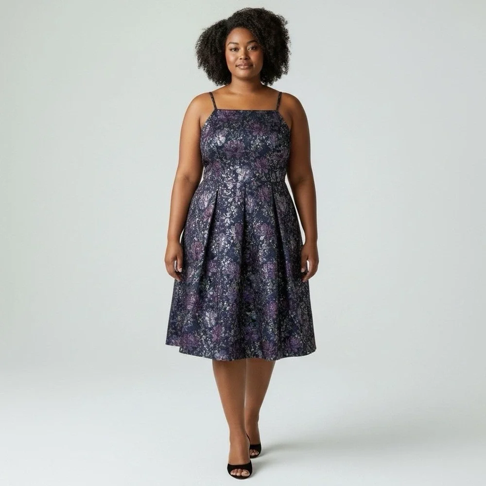women's metallic jacquard fit & flare dress Jacquard Fit & Flare Dress - Metallic Floral
